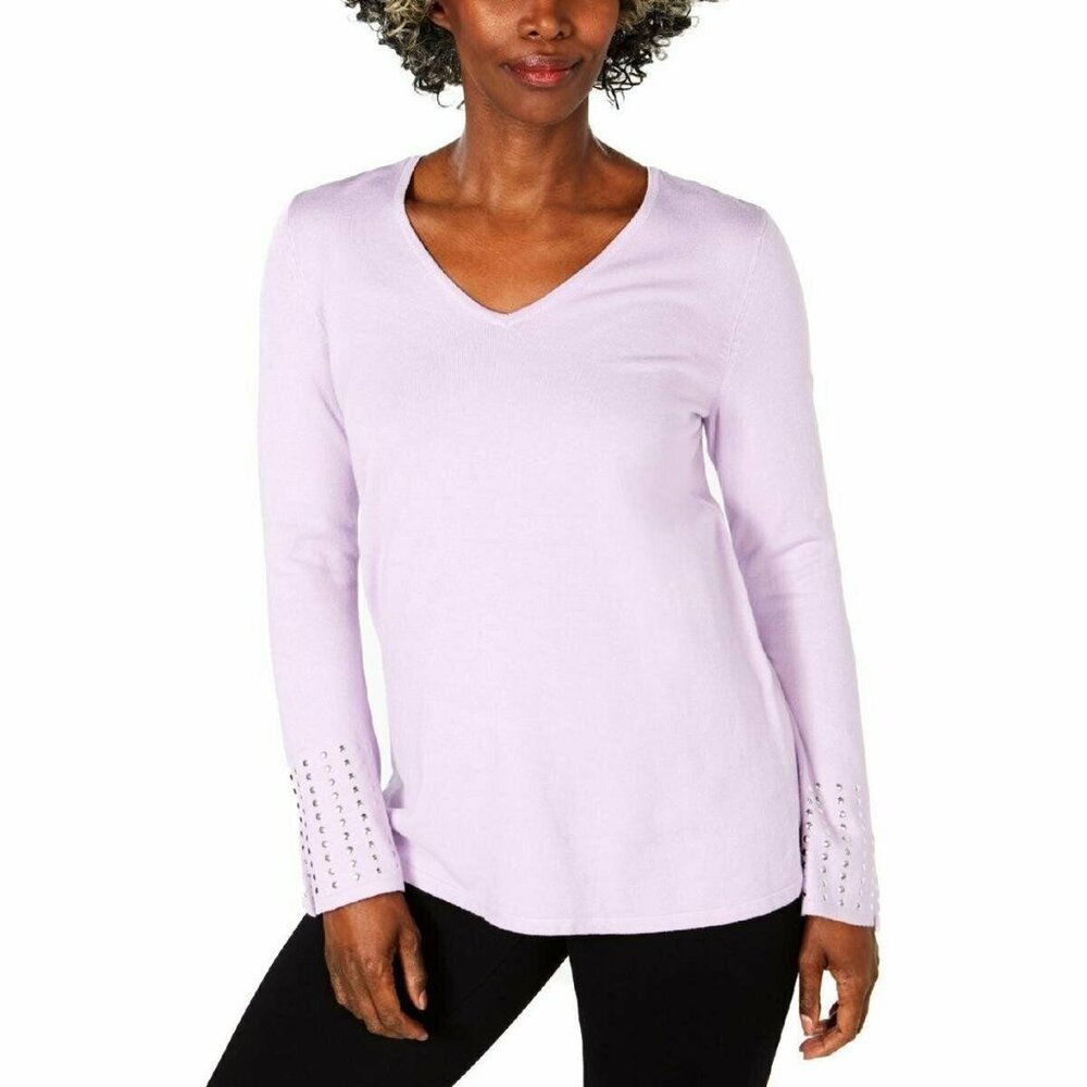 JM COLLECTION Purple Lilac Embellished Sleeve V Neck Sweater Top Small NWT